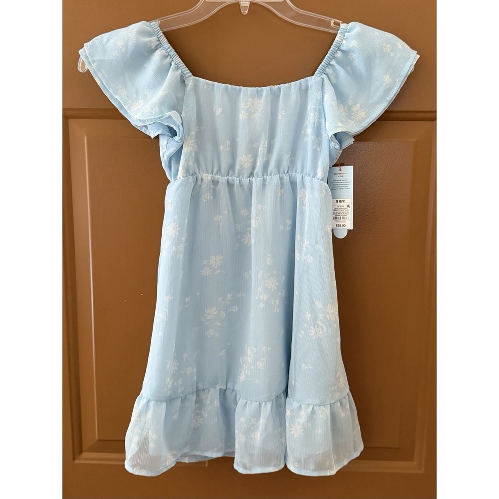 Cat & Jack Girls Ruffle Short Sleeve Chiffon Light Blue Daisy Dress Sz S(6/7)